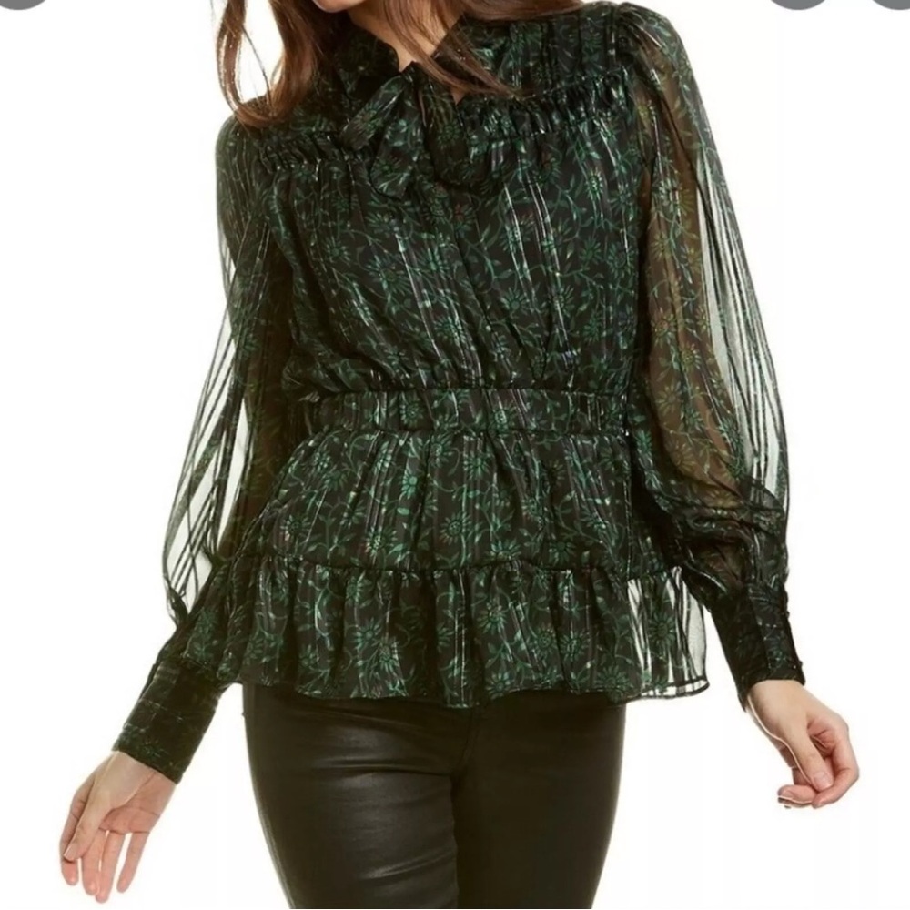 Walter Baker Valeria Sheer Green Black Peplum Forest Tie High Neck Blouse S